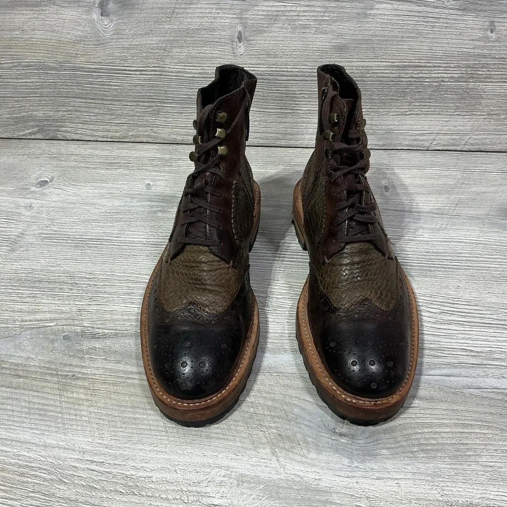 Donald J. Pliner Ziroc 56 Men's Size 8 M Brown Leather Wingtip Lace Up Zip Boots